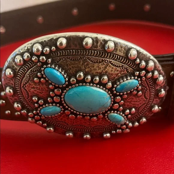 Justin Boots Brown Belt with Turquoise Embellishments - Picture 2 of 5